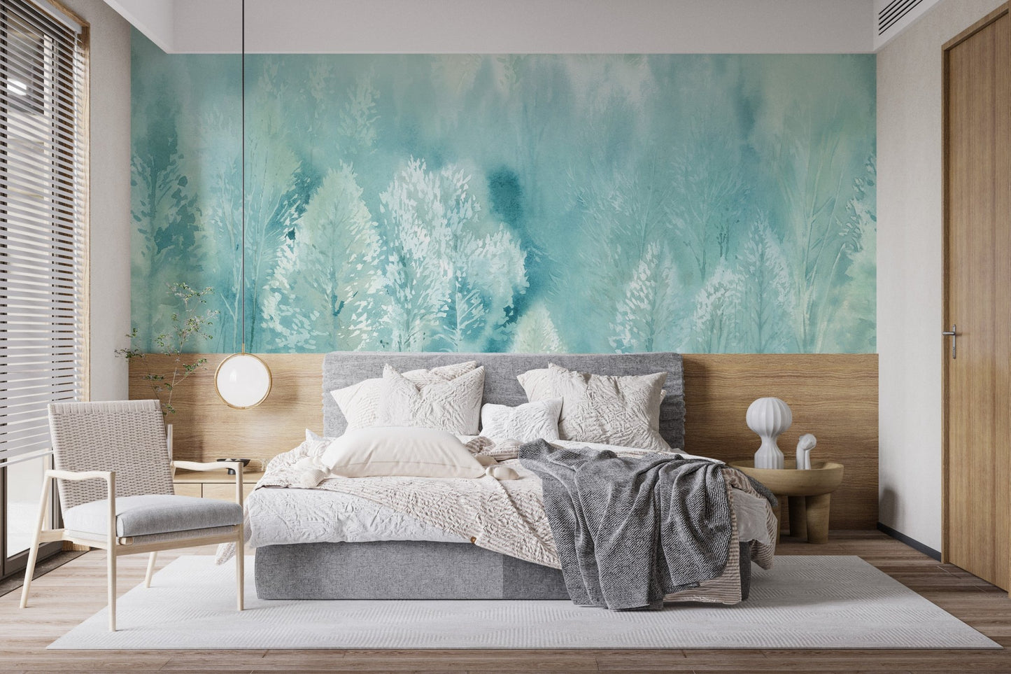 Neutral bedroom with light wood accents and Dreamy Tree Landscape Wall Murals.