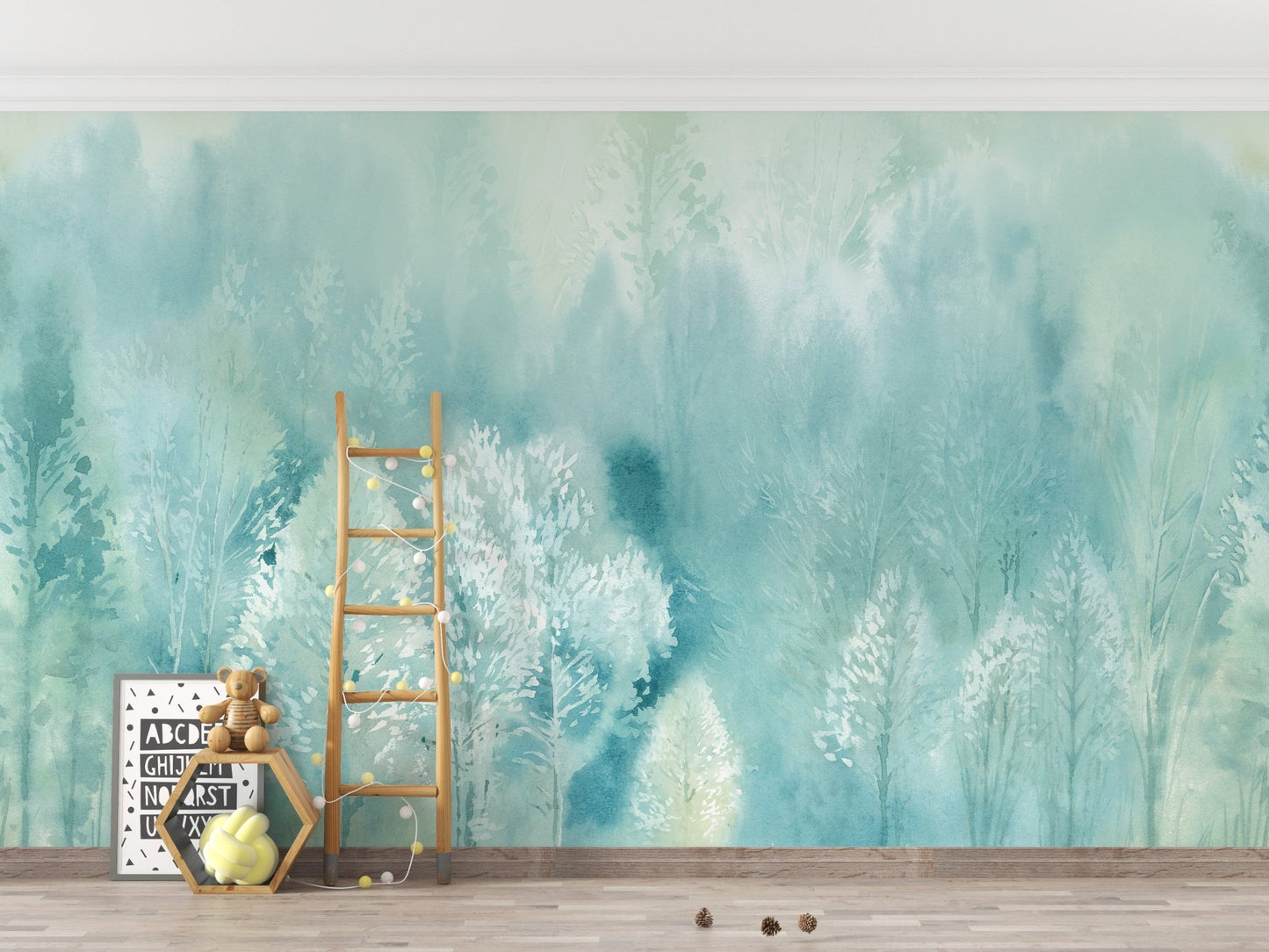 Minimalist nursery featuring blue and green tree landscape wall mural with a wooden ladder.