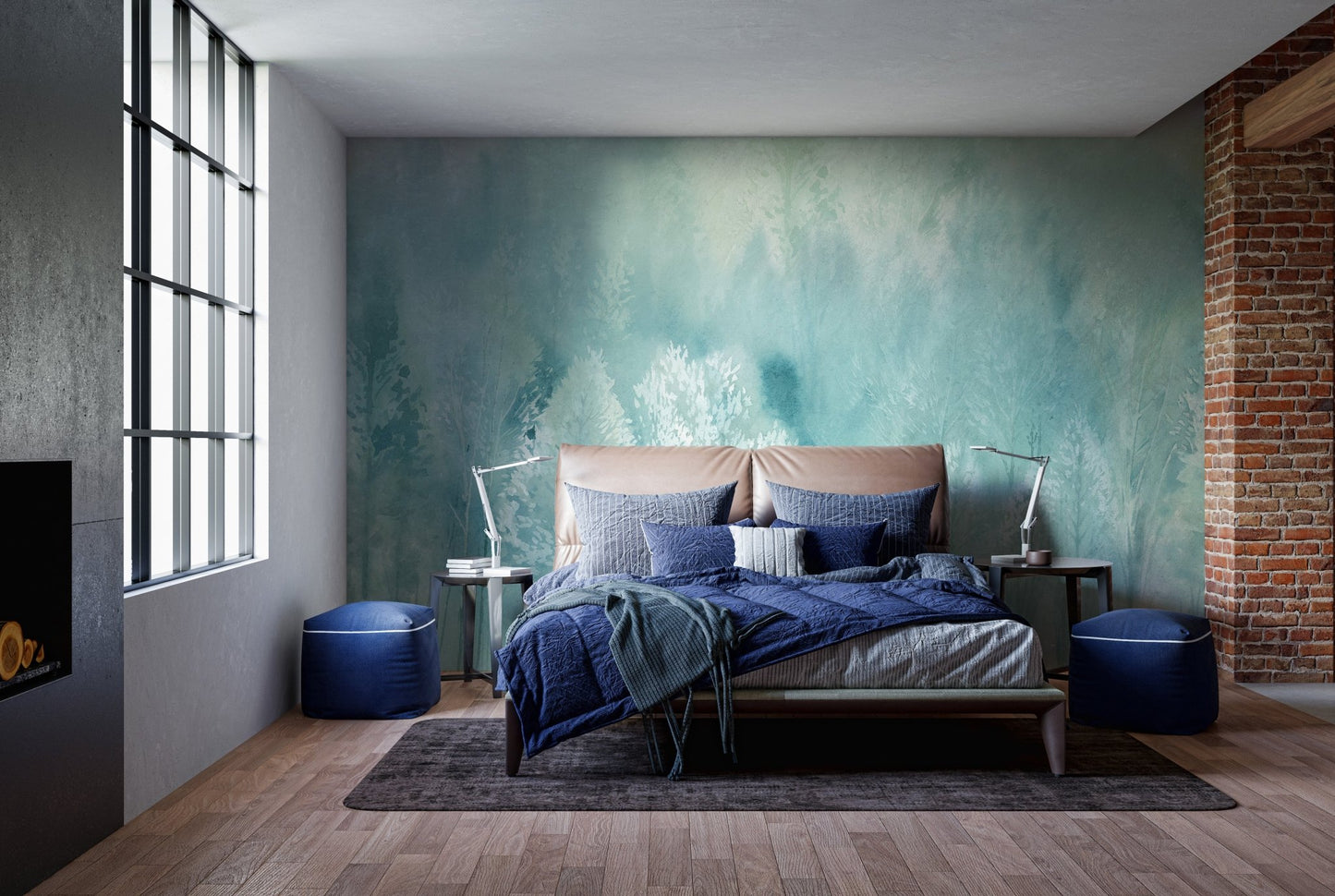 Bedroom setup with dark blue bedding and Dreamy Tree Landscape Wall Murals.