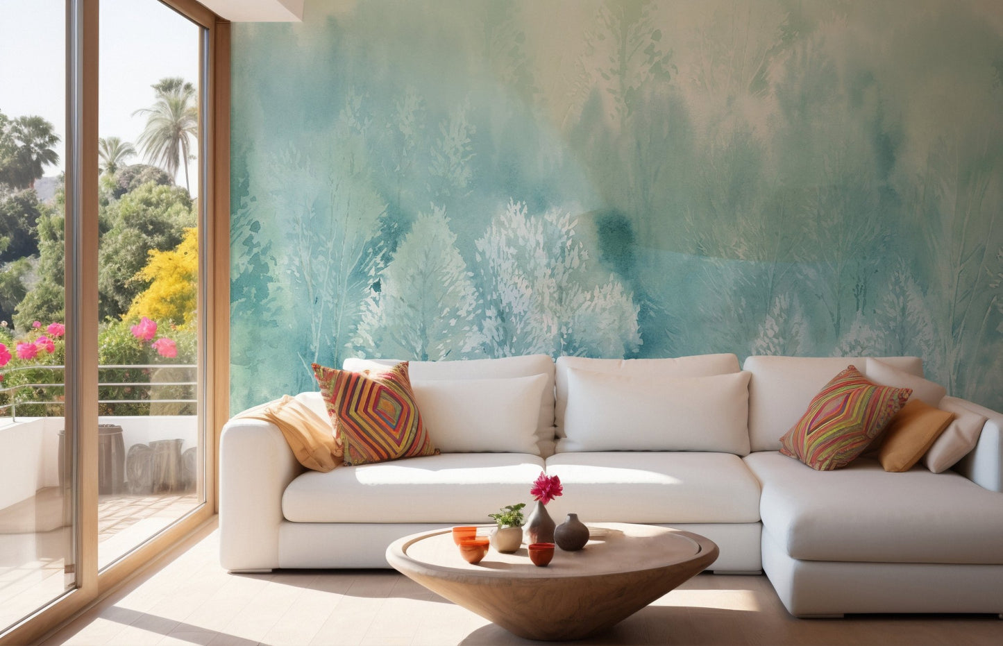 Living room with a white sofa and a large teal forest landscape wall mural on the main wall.