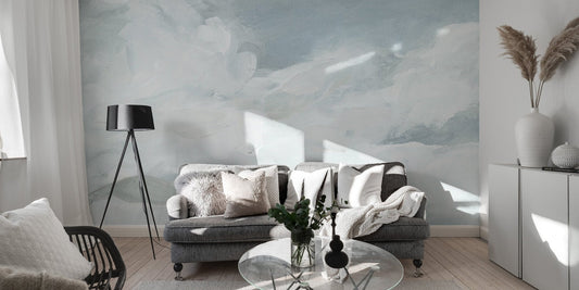 Serene blue sky wall mural with airy white cloud formations.