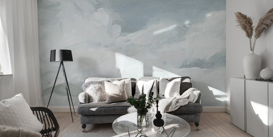 Serene blue sky wall mural with airy white cloud formations.