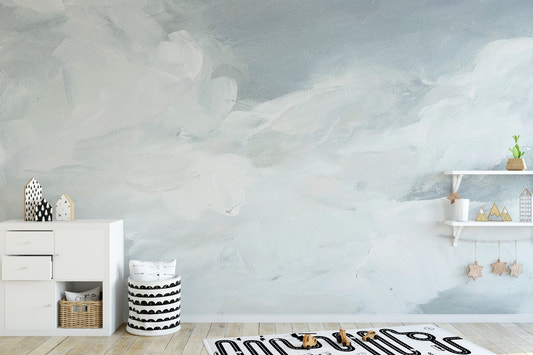 Dreamy watercolor sky wall mural with soft white painted clouds.