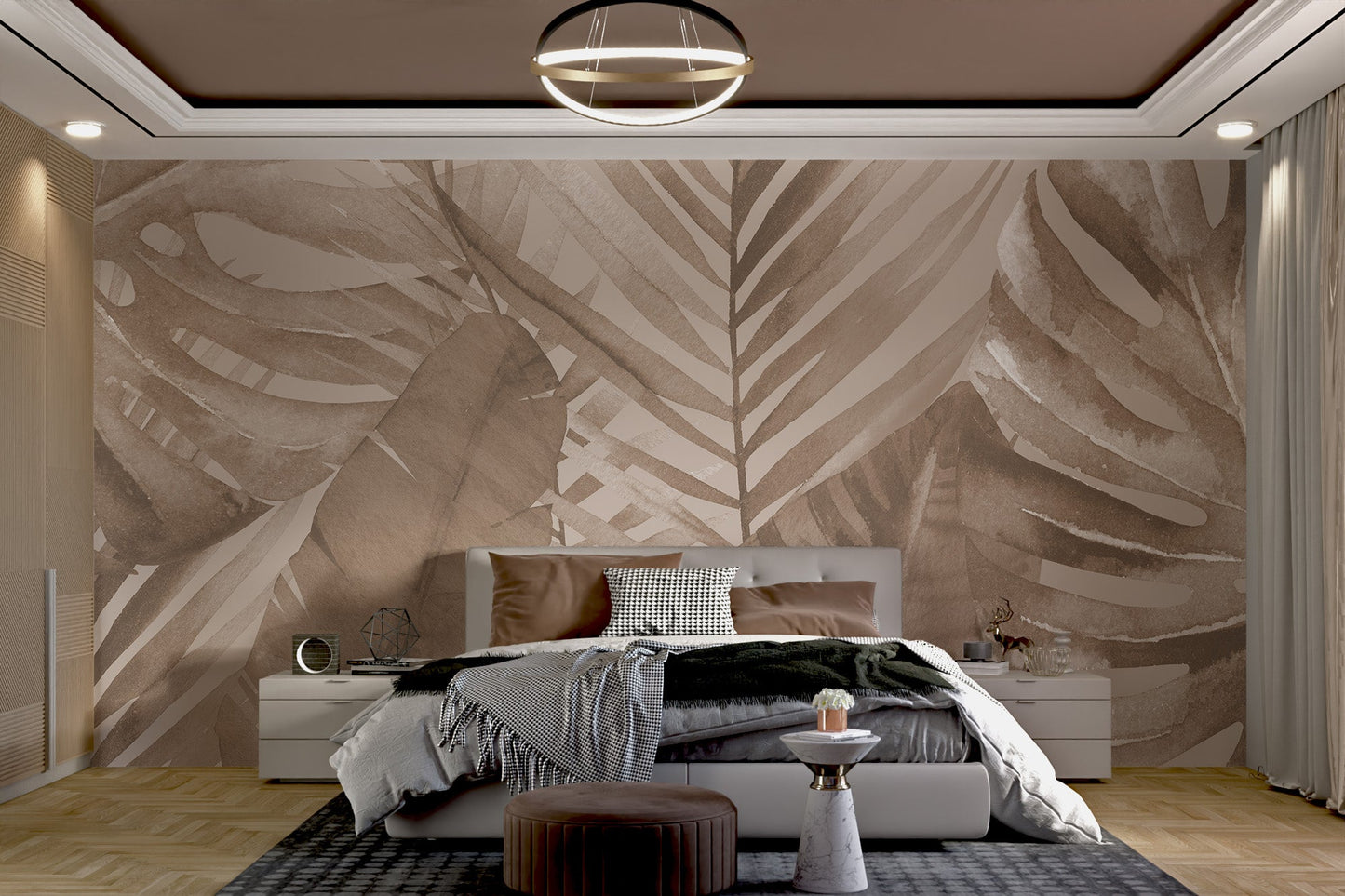 Large scale dried palm leaf wall mural in a bright modern bedroom space.
