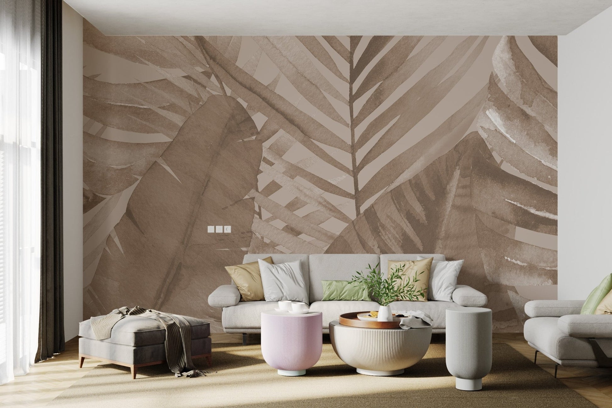 Watercolor palm leaf wall mural featuring a textured tan background.
