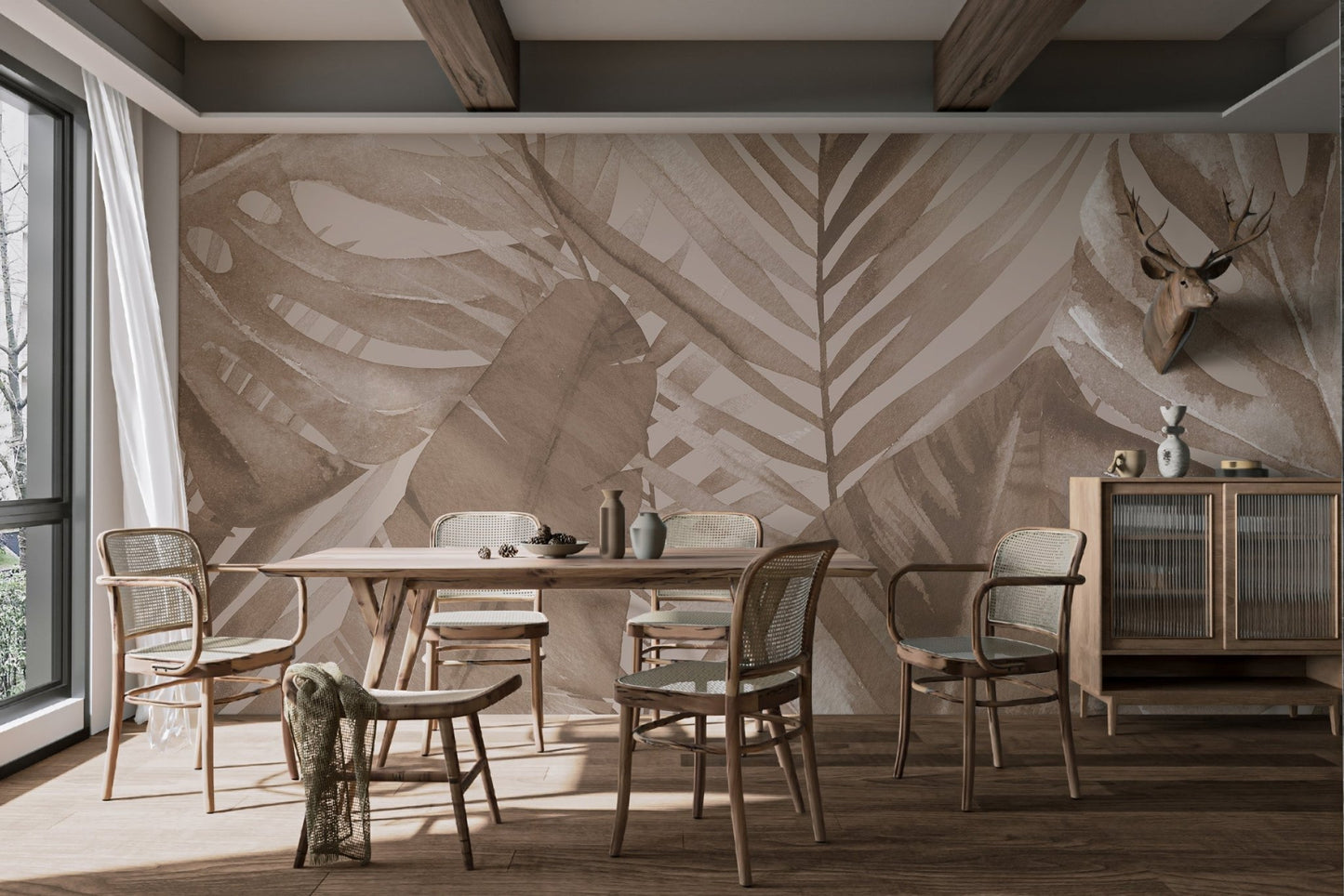 Natural brown leaves wall mural for a contemporary dining area.
