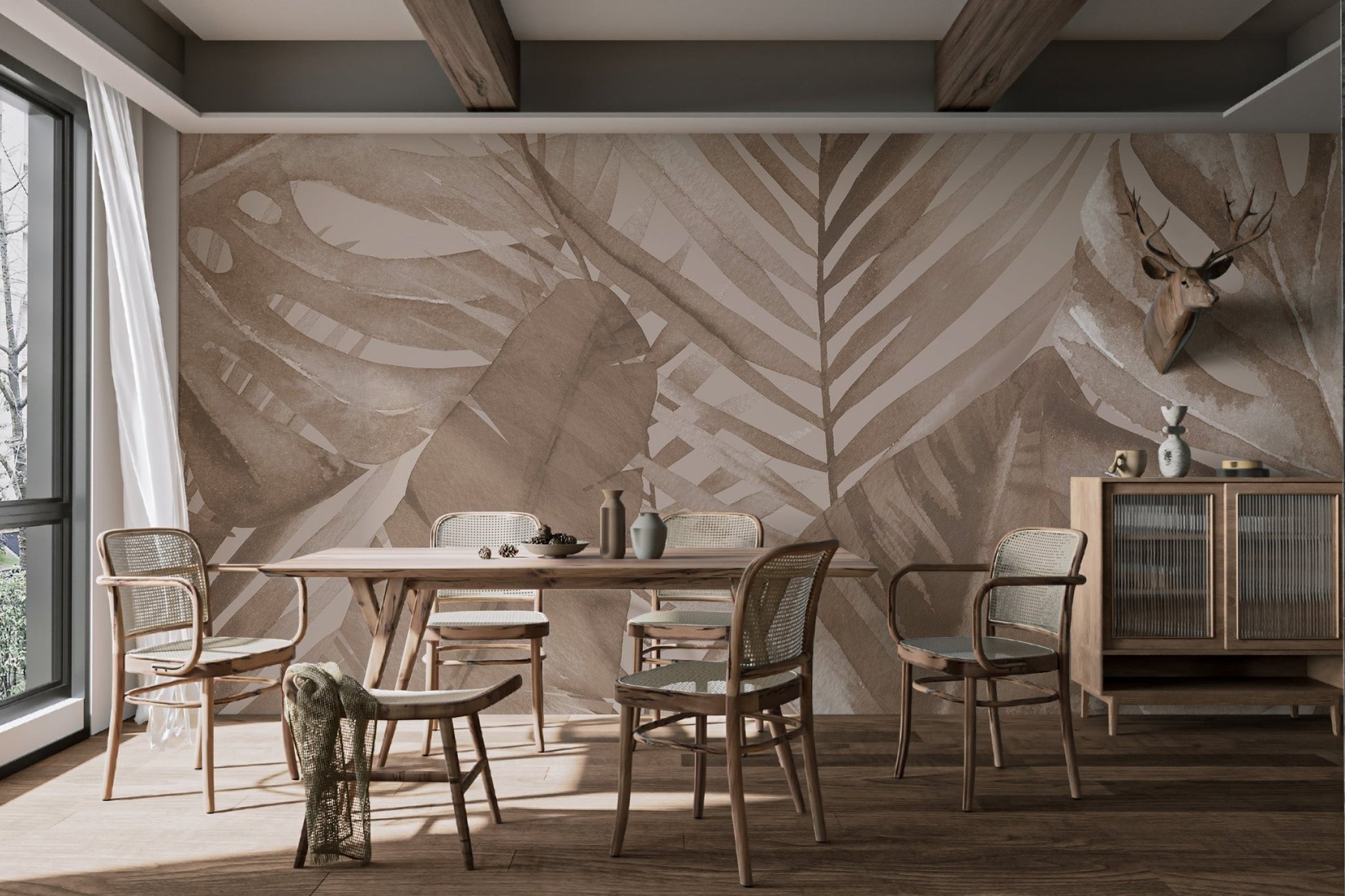 Natural brown leaves wall mural for a contemporary dining area.
