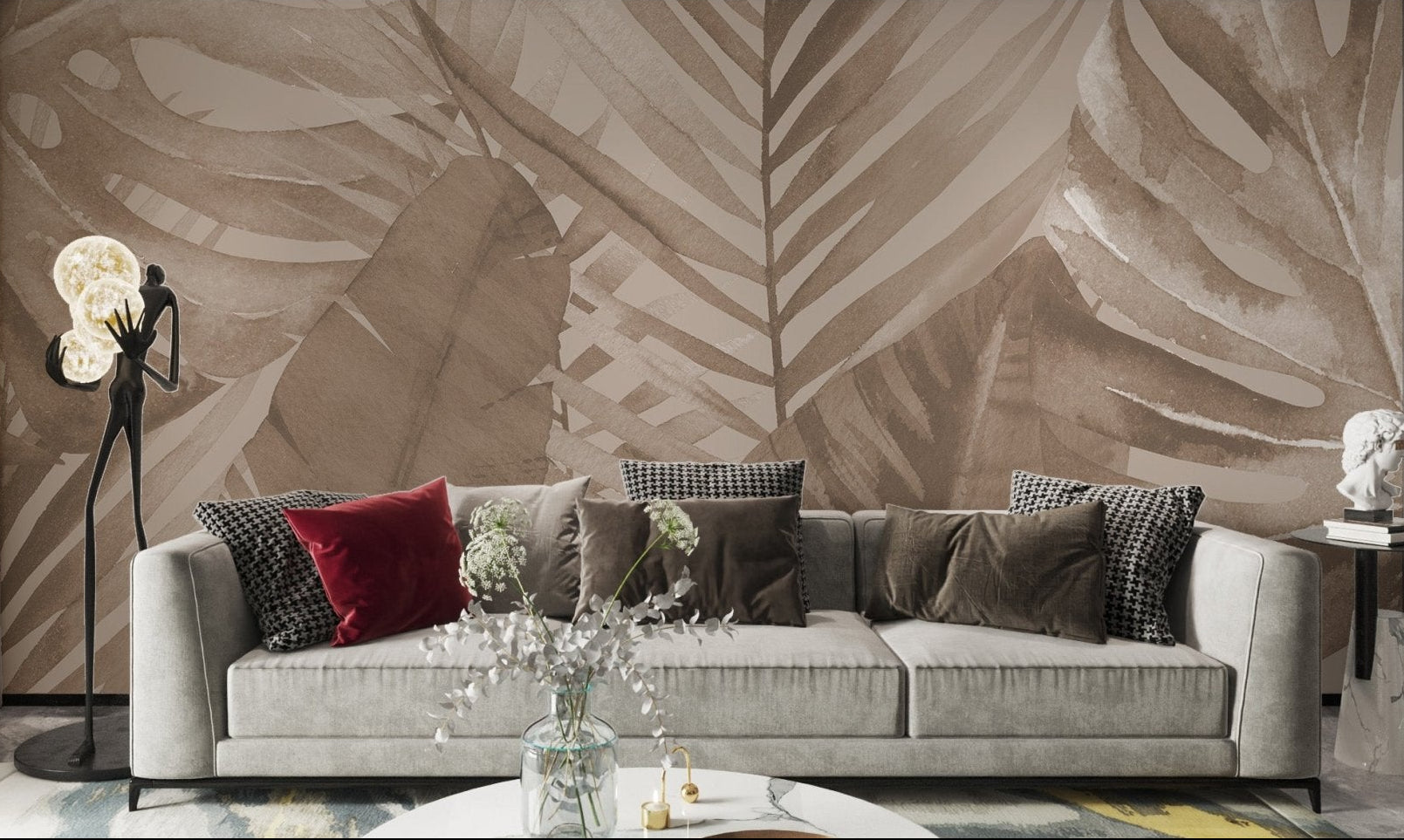 Watercolor wild palm and banana leaves mural in living room.