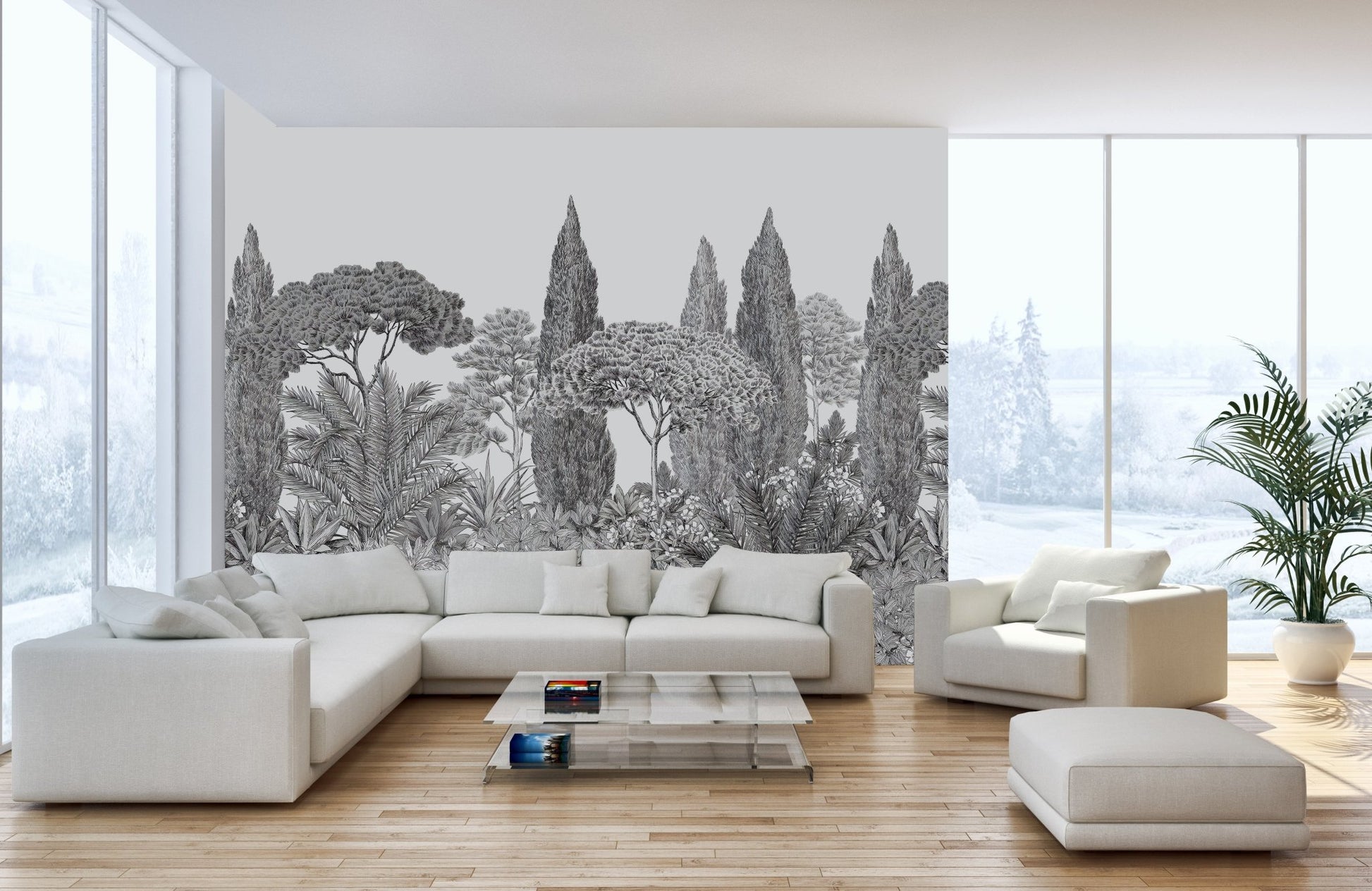 Drifting grey forest wall mural with elegance in modern living space.