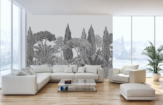 Drifting grey forest wall mural with elegance in modern living space.