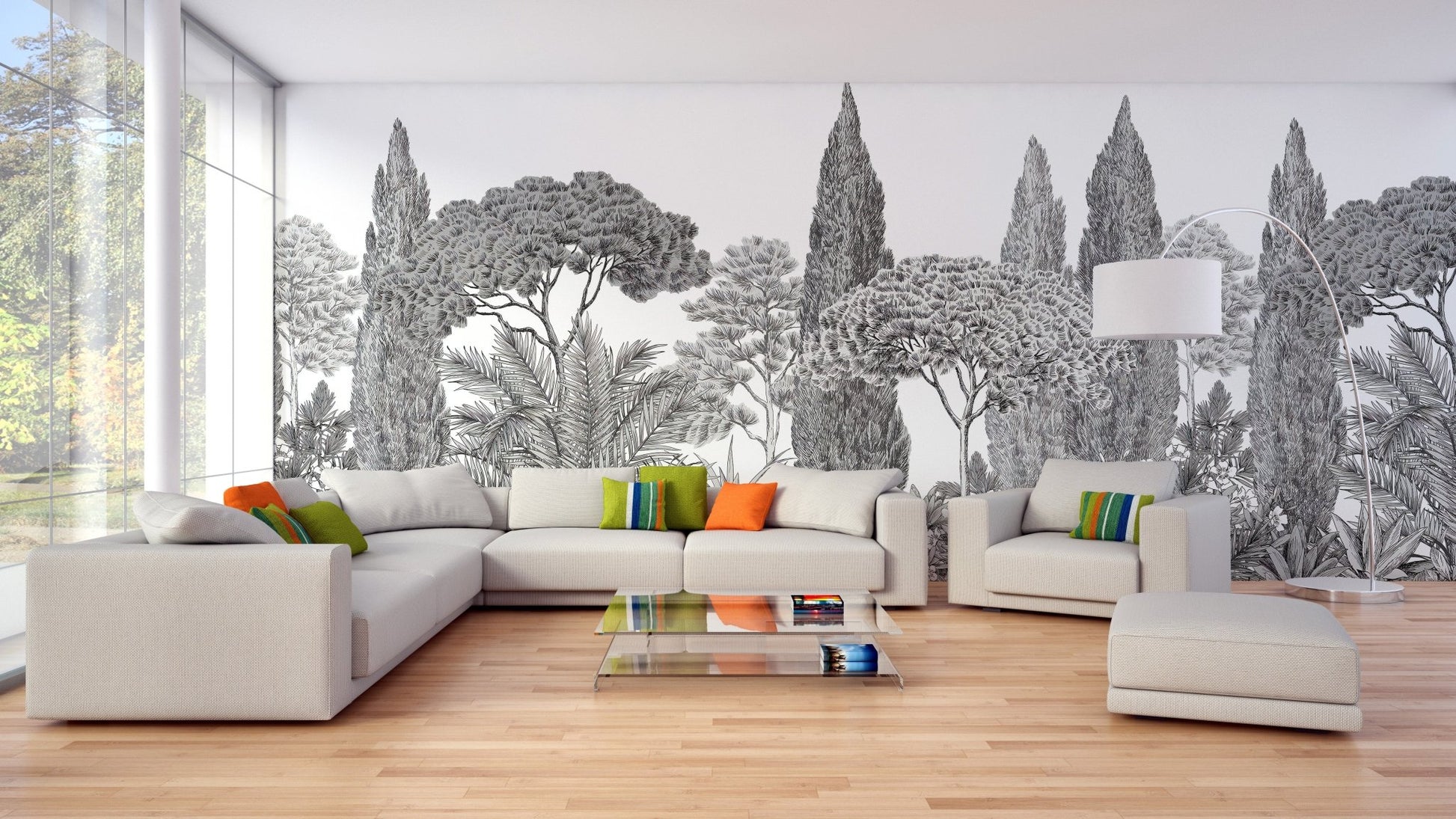 Serene deodar tree wall mural in soft grey tones in large living room.