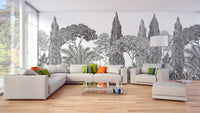 Serene deodar tree wall mural in soft grey tones in large living room.