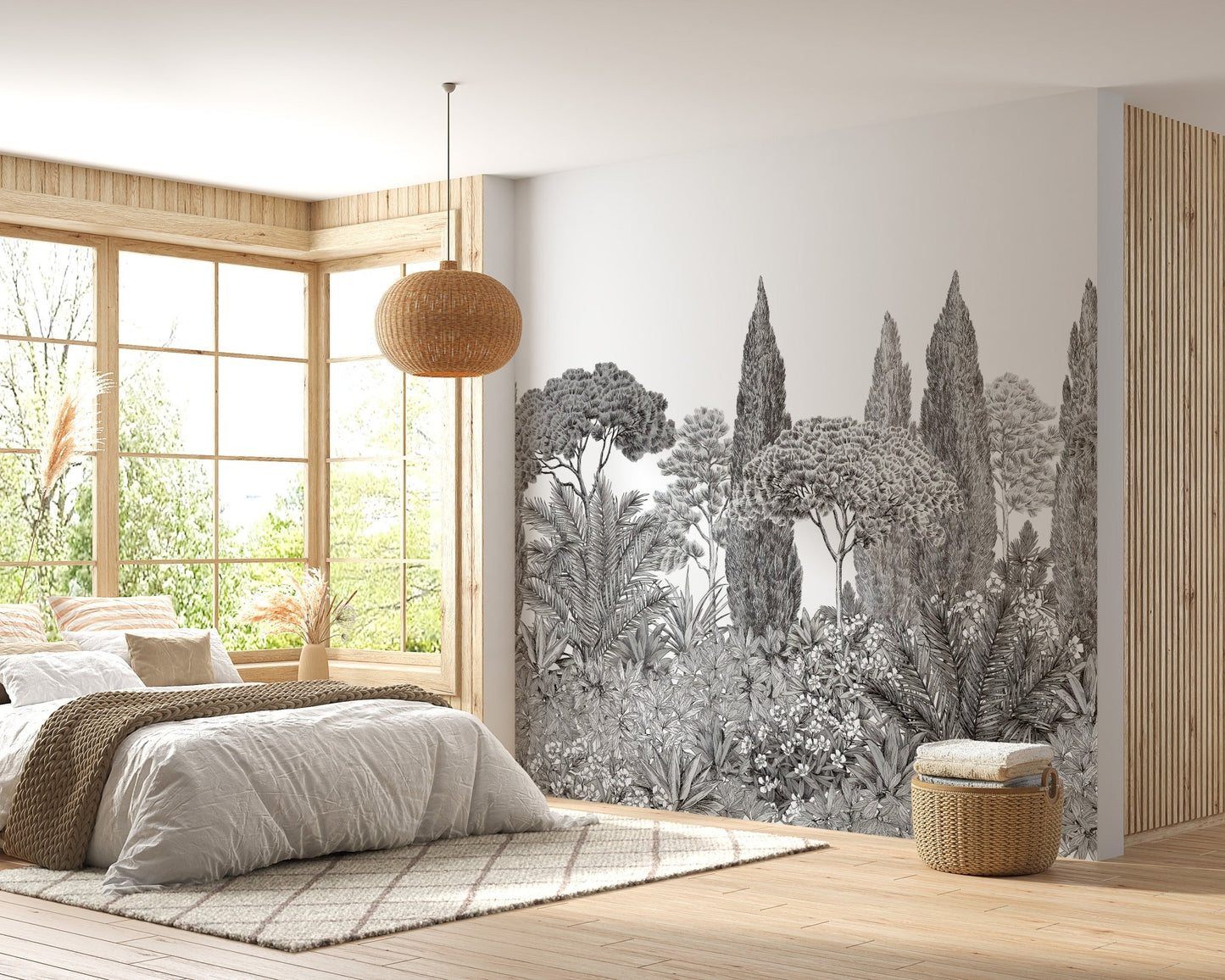 Tranquil grey deodar wall mural for a serene look in sunlit bedroom