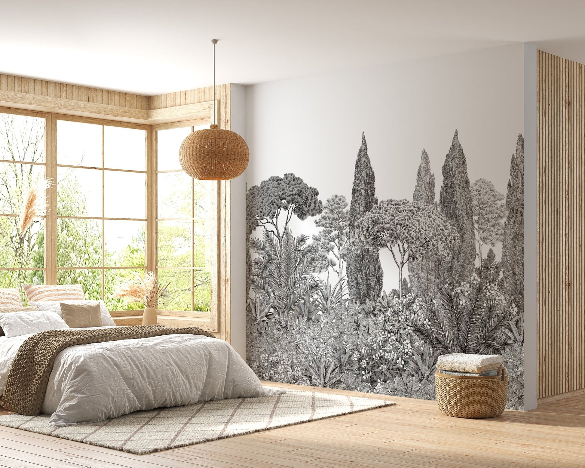 Tranquil grey deodar wall mural for a serene look in sunlit bedroom