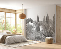 Tranquil grey deodar wall mural for a serene look in sunlit bedroom