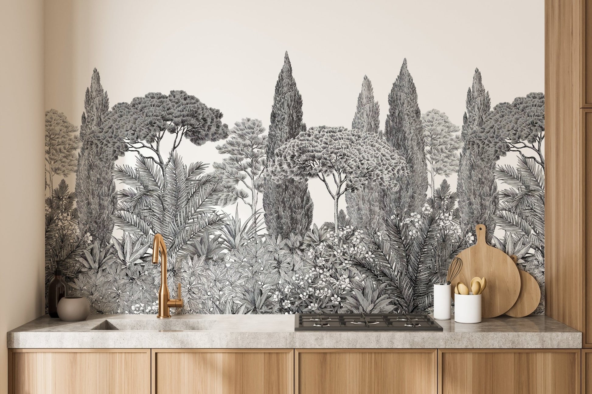 Grey forest mural with drifting deodar trees in kitchen backdrop.