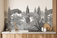 Grey forest mural with drifting deodar trees in kitchen backdrop.