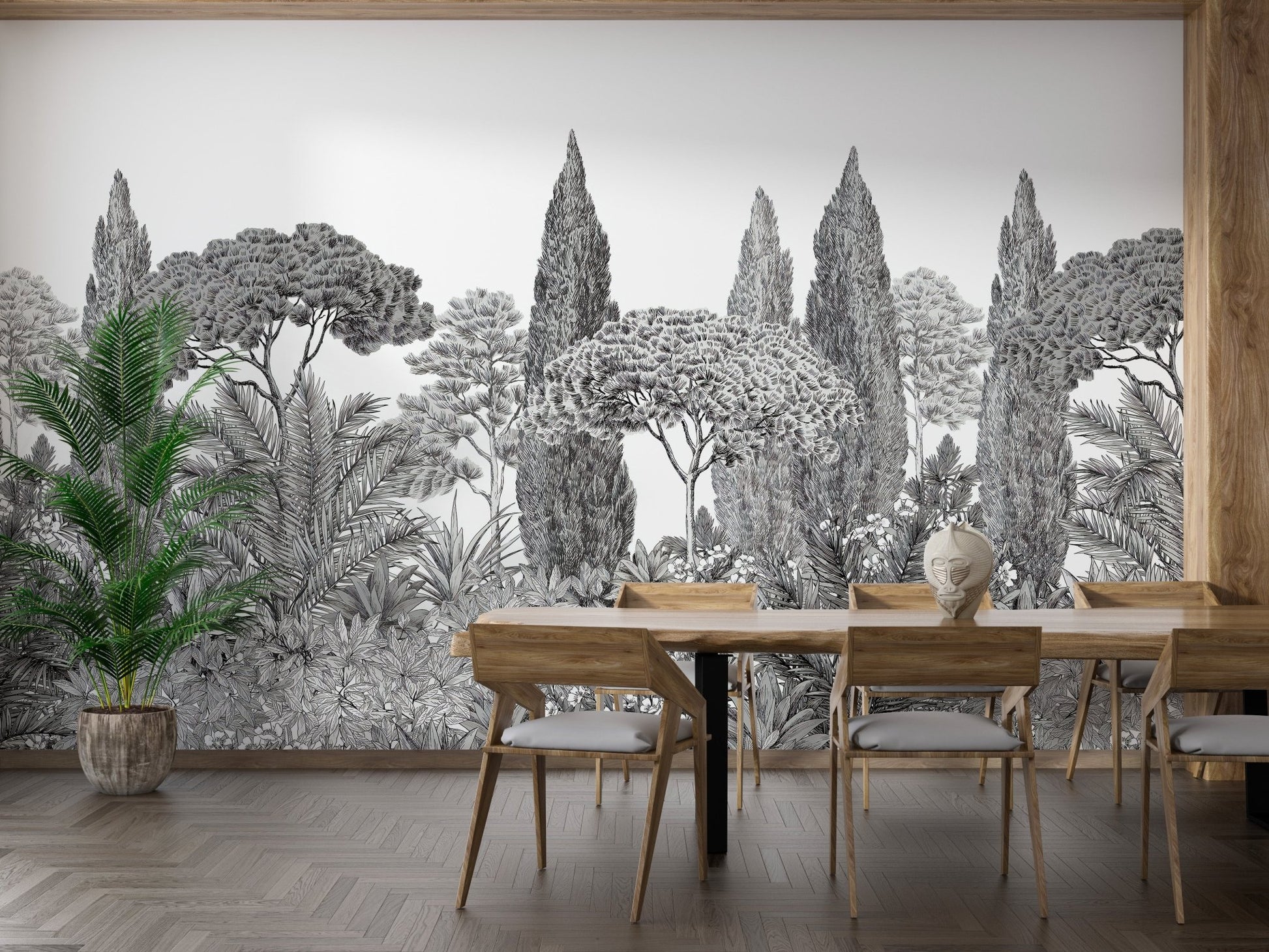 Dining area with wooden table and grey cedar tree silhouette wall mural.