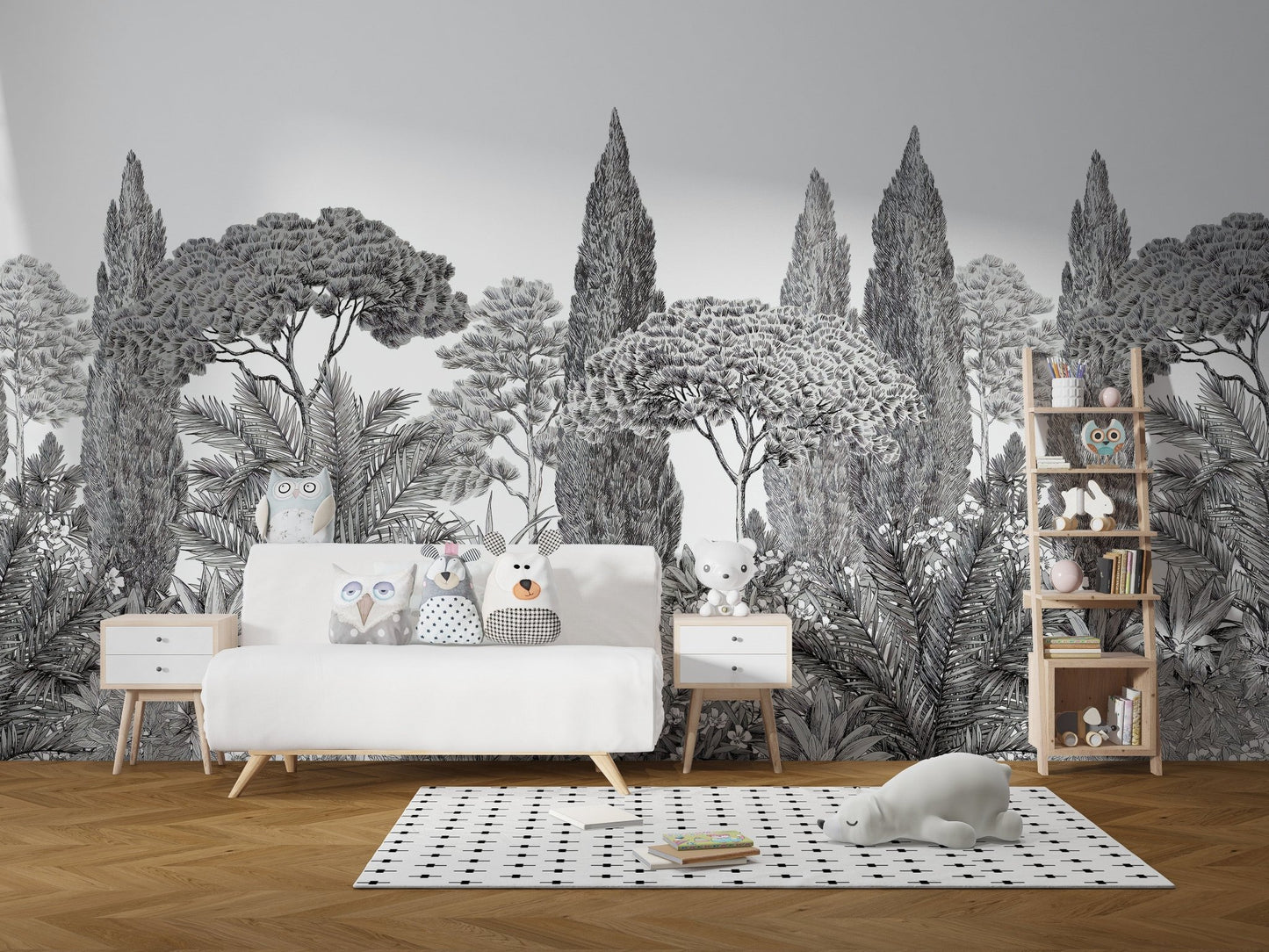Dreamy deodar mural featuring subtle grey tone in kids room.