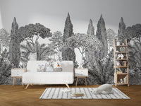 Dreamy deodar mural featuring subtle grey tone in kids room.