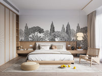 Peaceful mural of grey deodar landscapes in large bedroom.