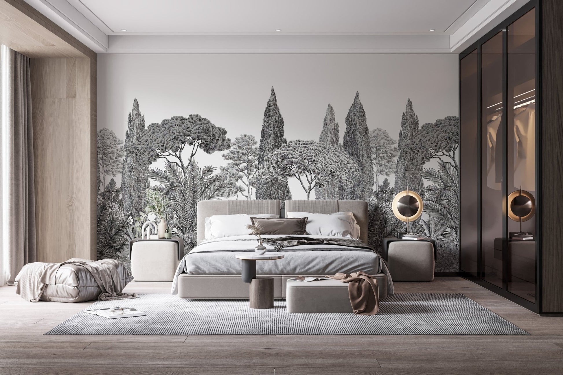 Dreamlike deodar mural in muted grey hues in contemporary bedroom.