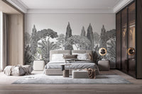Dreamlike deodar mural in muted grey hues in contemporary bedroom.