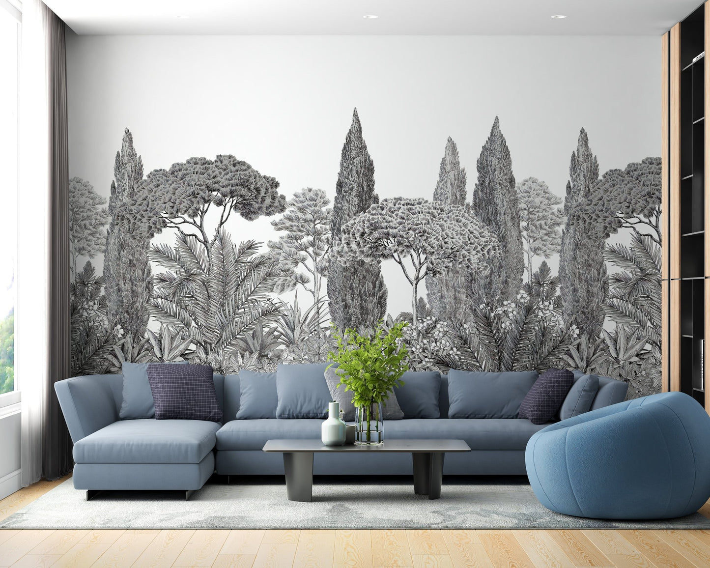 Soft grey forest mural with deodar trees in modern living room.