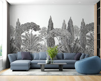 Soft grey forest mural with deodar trees in modern living room.