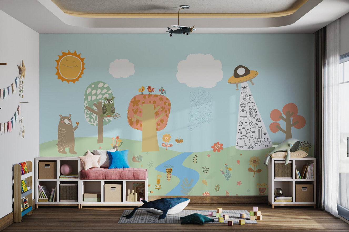 Whimsical forest scene with bear, fox, and owls beneath a playful UFO beam.