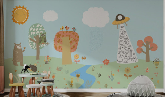 Blue and green cartoon forest wall mural featuring a fox and rabbit.