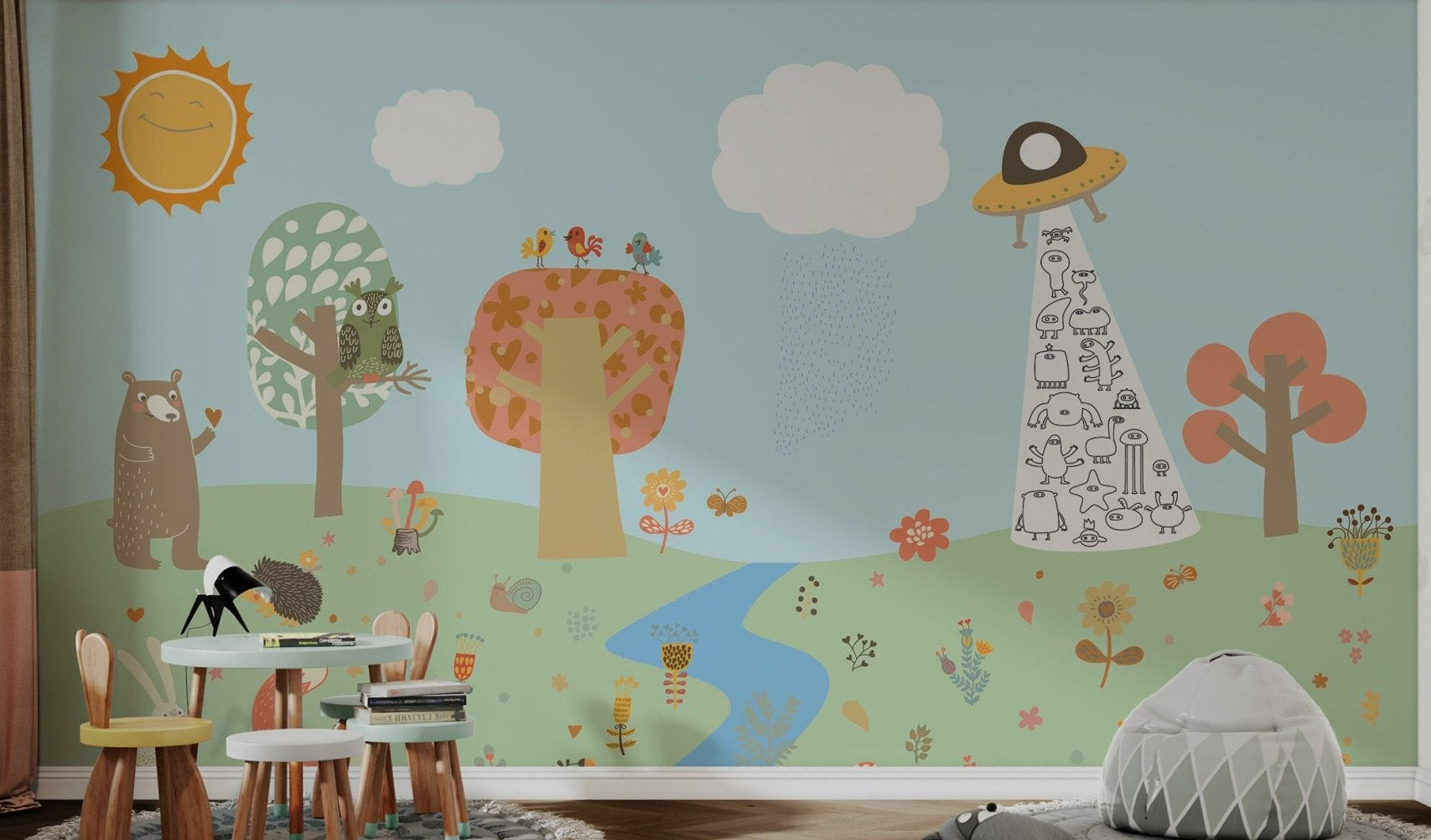 Blue and green cartoon forest wall mural featuring a fox and rabbit.