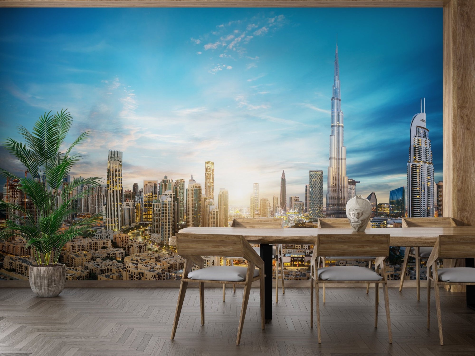 Cityscape wallpaper mural with dubai skyscrapers in a dining room.
