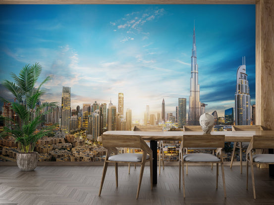 Cityscape wallpaper mural with dubai skyscrapers in a dining room.