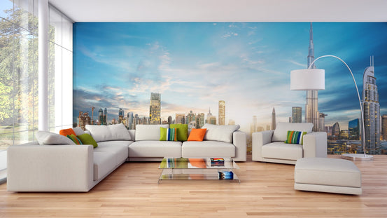 Wide Dubai Skyline Panoramic Wall Mural in large living room.