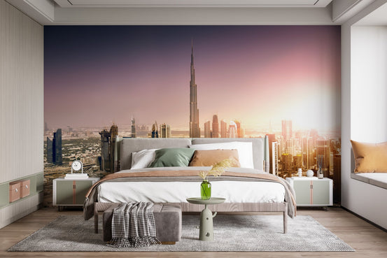 Dubai Sunset Spectacle Wall Murals in a modern bedroom with grey bedding.