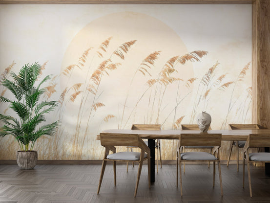 Dune grass wall mural in soft beige for a modern living room.