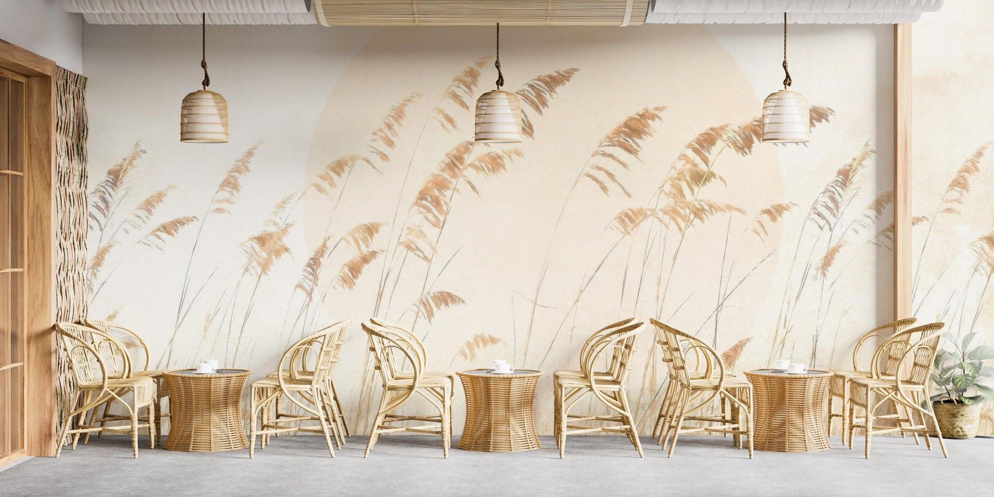 Neutral tone wall mural featuring swaying dune grass and a large sun.