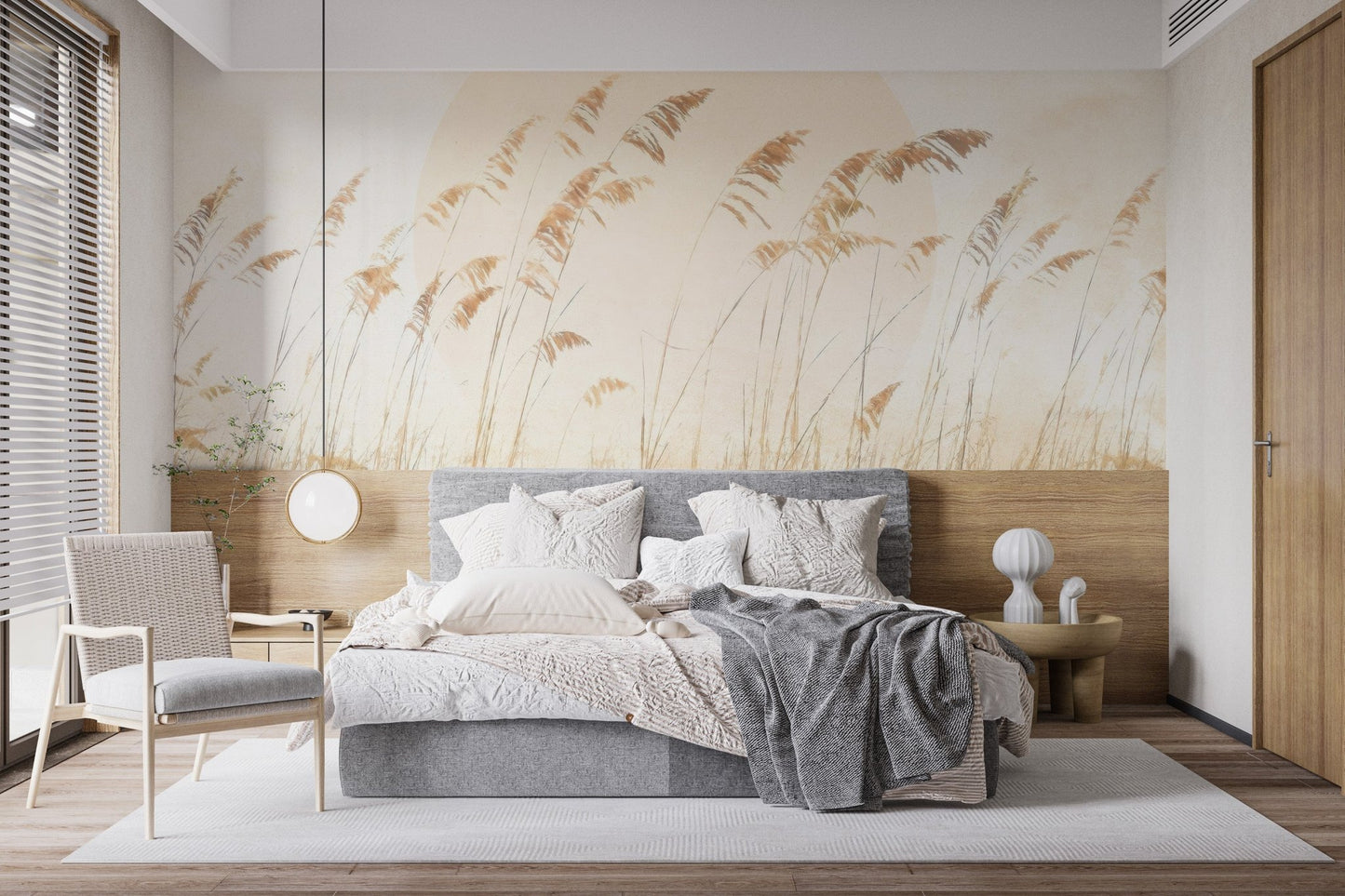 Minimalist dune grass wallpaper for a serene apartment bedroom.