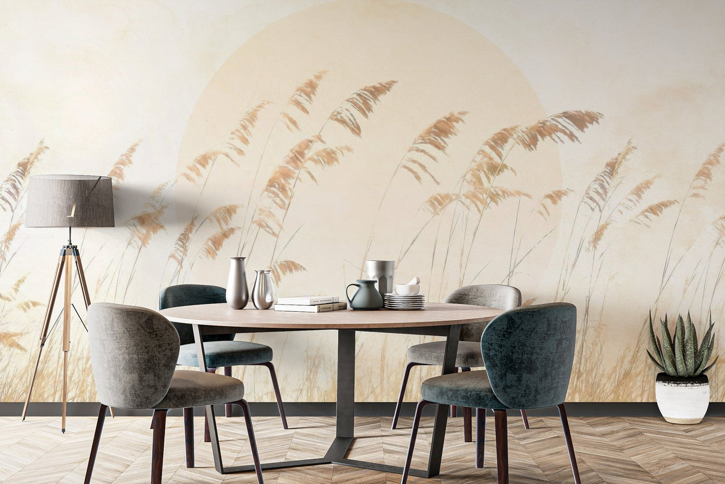 Abstract sun and grass wall mural for a light-filled studio.