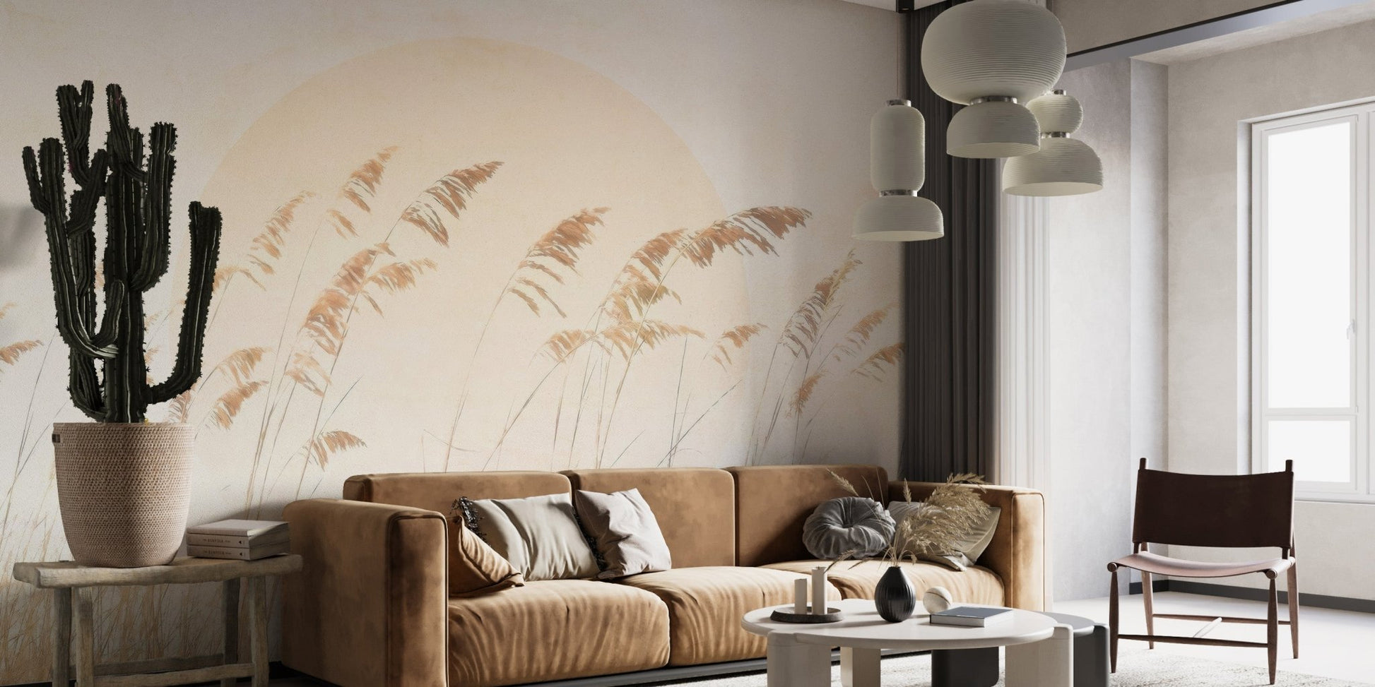 Soft yellow sun and grass wallpaper for a minimalist interior.