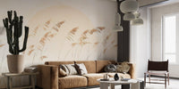 Soft yellow sun and grass wallpaper for a minimalist interior.