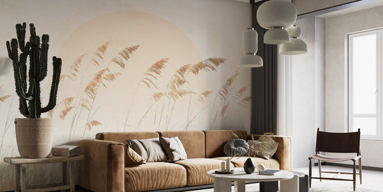 Soft yellow sun and grass wallpaper for a minimalist interior.