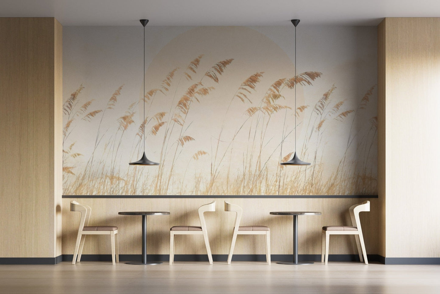 Earthy grass wallpaper for a contemporary feature wall in a dining area.
