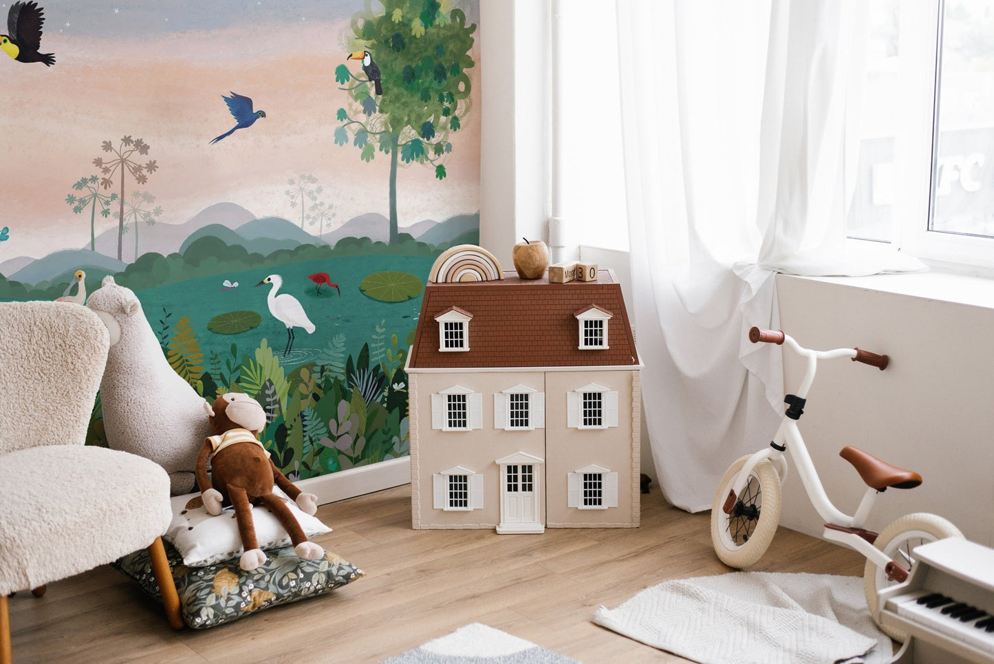 Tropical bird wallpaper featuring toucans and cranes over green lagoon.