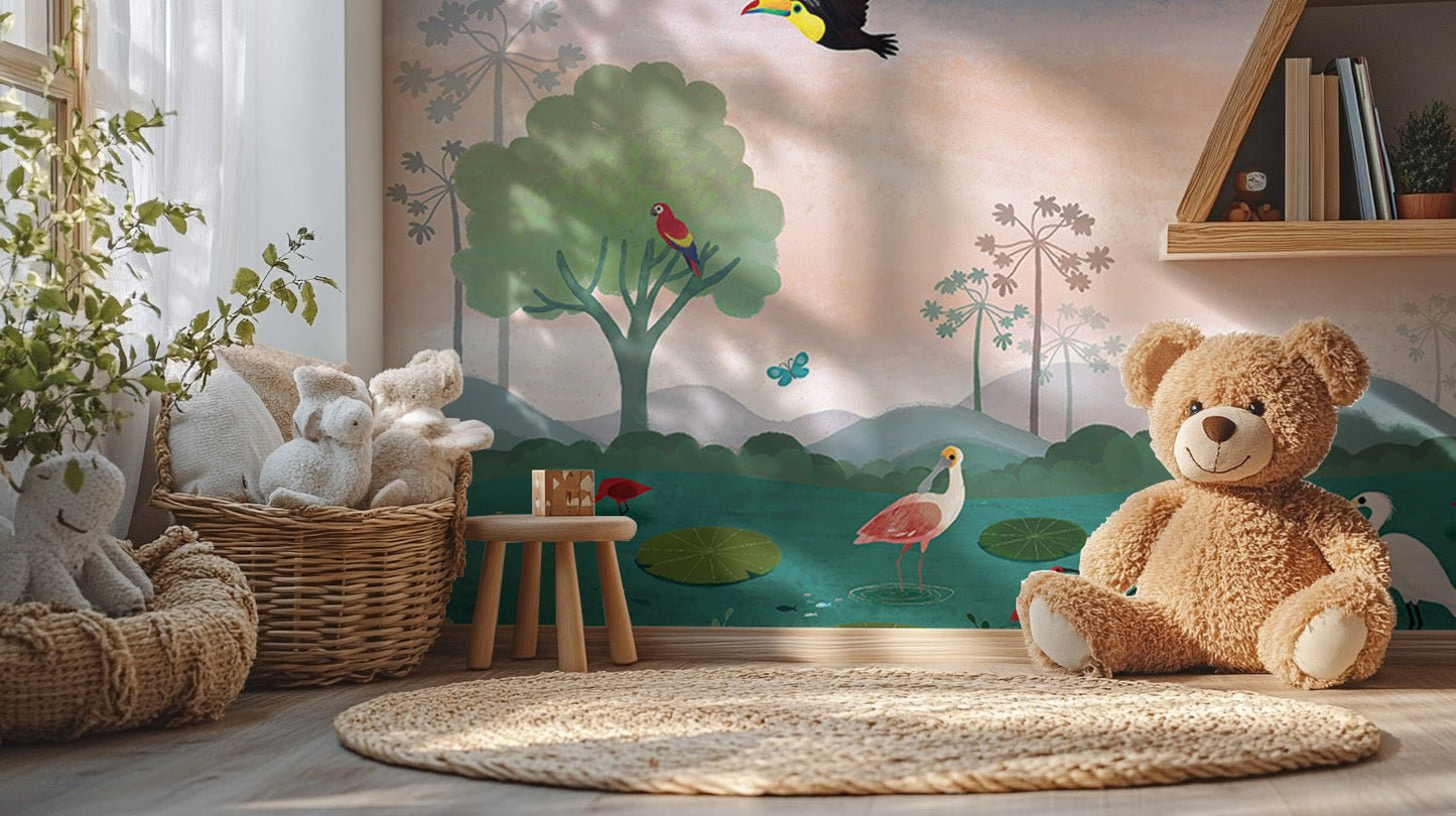 Illustrated rainforest birds wall mural with lily pads and foliage.