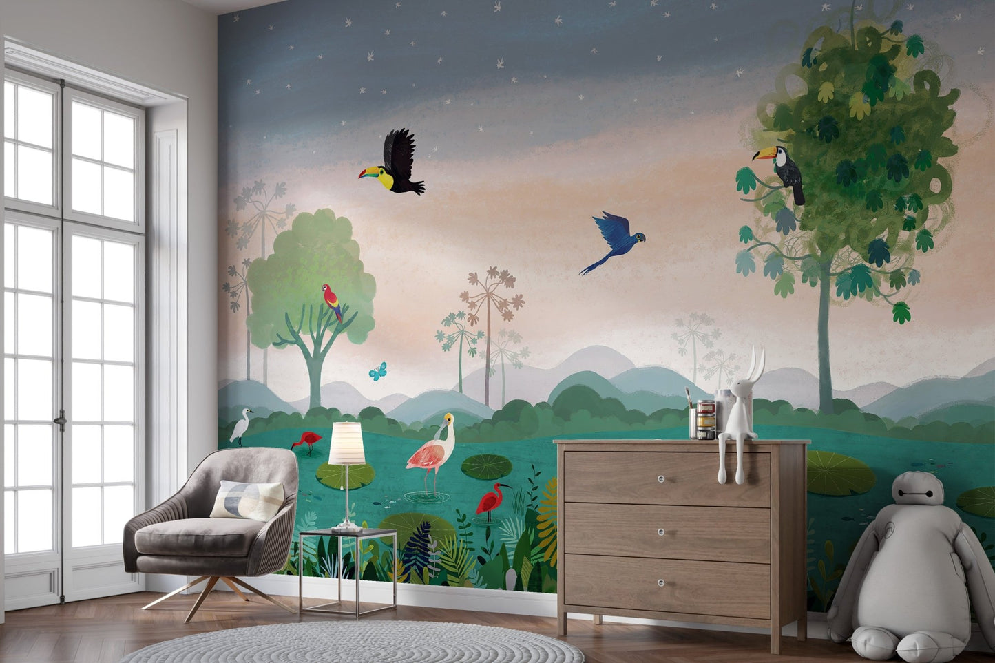 Amazon jungle birds wall mural in soft dusk color palette wallpaper.