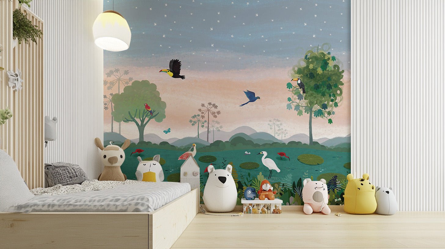 Tropical landscape wall mural with layered greenery and wetland birds.
