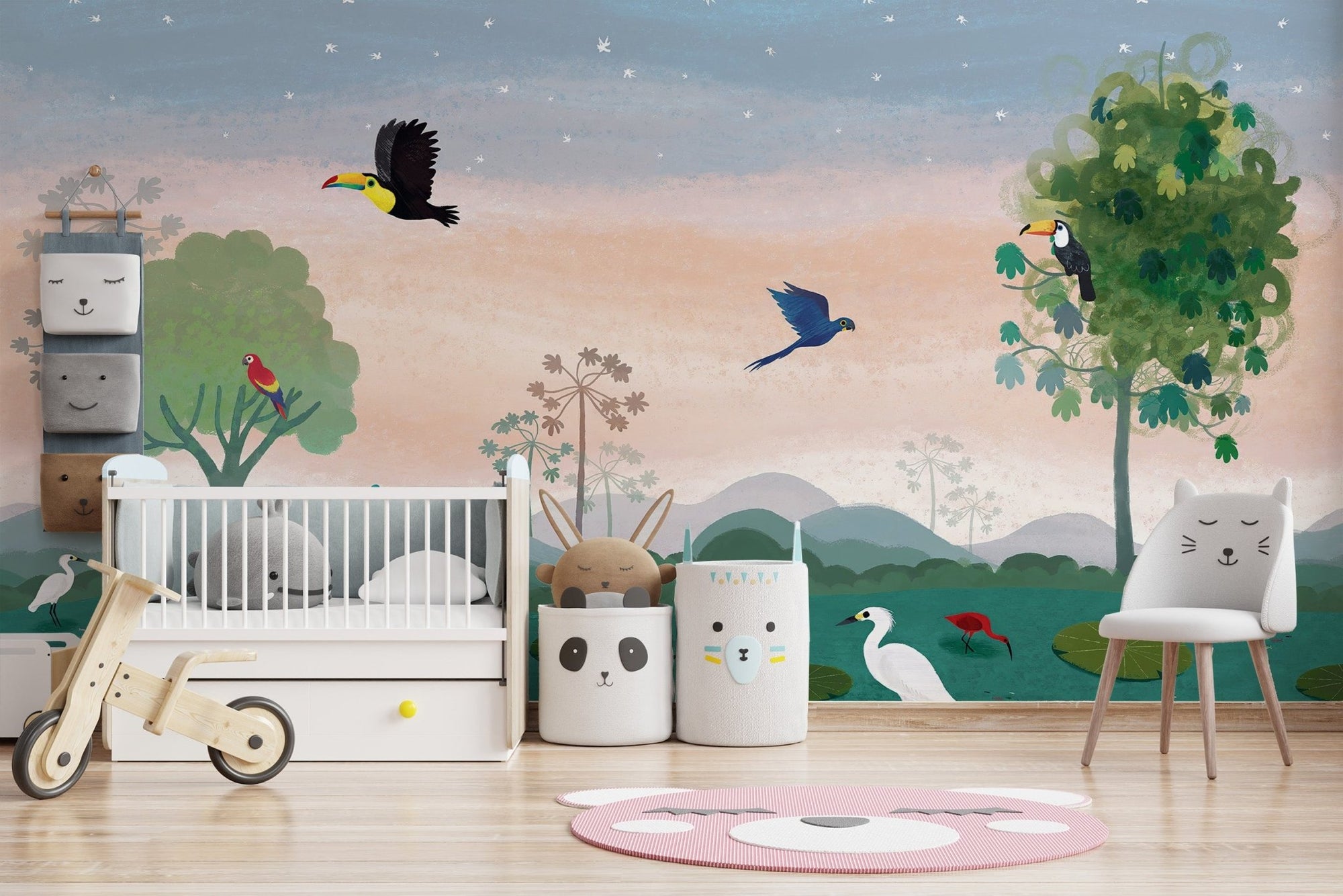 Dusky amazon birds wall mural with tropical birds and teal wetlands wallpaper.