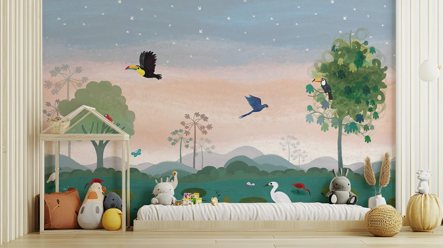 Amazon lagoon wall mural in modern watercolor style wallpaper.